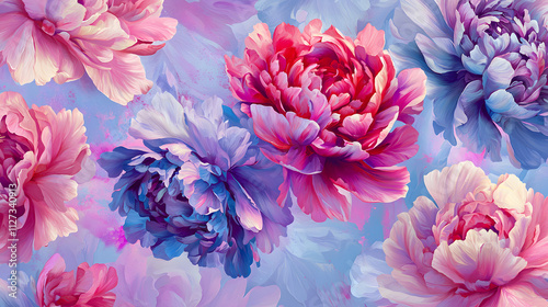 A painting of a flower garden with pink and blue flowers