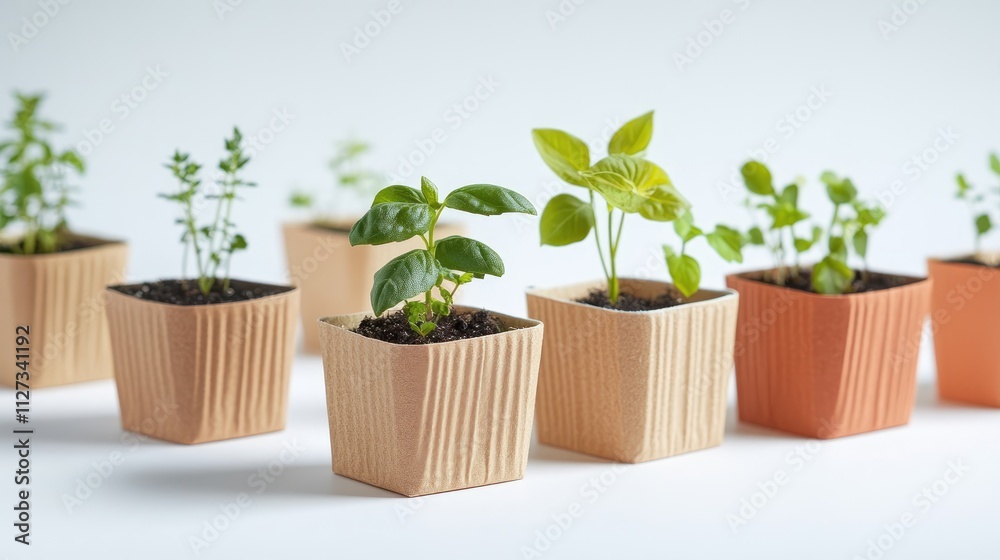 Eco-friendly paper cups filled with soil and seedlings on a light background showcasing healthy plant growth and sustainable gardening practices