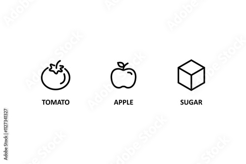 Food allergen icons. Allergen free products. Products warning symbols. tomato icon, apple, sugar sign