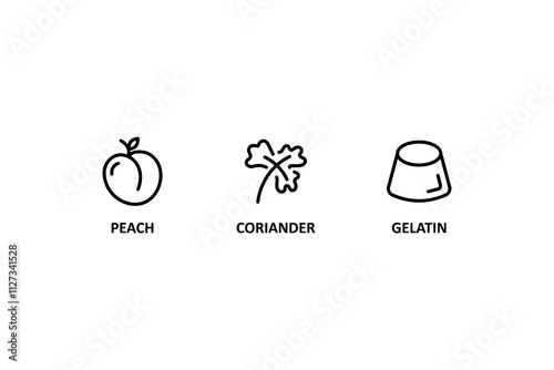 Food allergen icons. Peach icon, coriander, gelatin sign. Allergen free products. Products warning symbols.