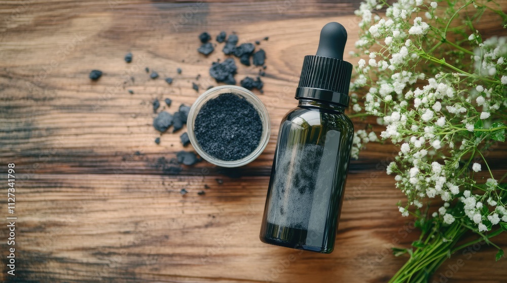 Homemade charcoal cleansing oil in a transparent dropper bottle on a wooden surface with charcoal powder and delicate flowers Homemade charcoal cleansing oil in a transparent dropper bottle on a wooden surface with charcoal powder and delicate flowers
