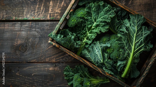 Rustic crate of fresh green kale and broccoli