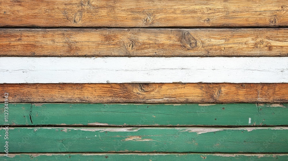 Rustic wooden planks in warm tones with white and green stripes against a textured wall backdrop for vintage design concepts Rustic wooden planks in warm tones with white and green stripes against a textured wall backdrop for vintage design concepts