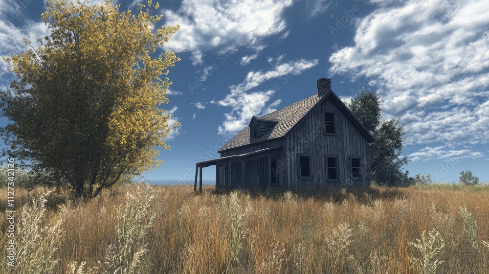 Weathered farmhouse surrounded by tall grass under a bright sky with scattered clouds in a serene rural landscape.