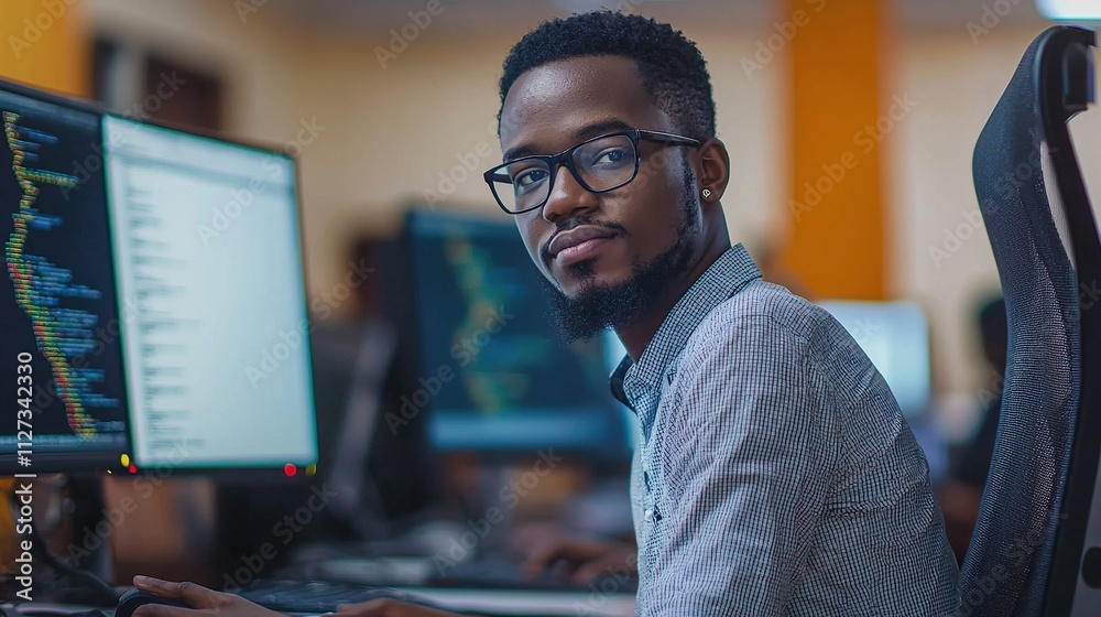 Skilled software developer working at multiple monitors in a modern office Skilled software developer working at multiple monitors in a modern office