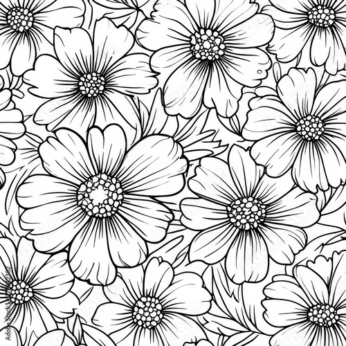 Wallpaper Mural Floral Flourish in Monochrome: An intricate black and white illustration showcases a dense arrangement of blooming flowers and leaves. Evoking a sense of natural elegance. Torontodigital.ca