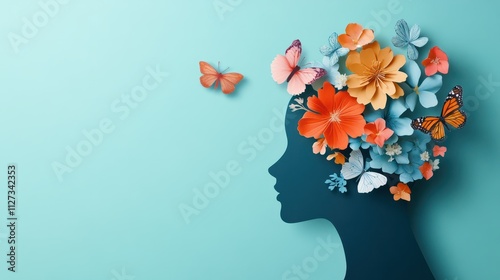 Cardboard silhouette of human head decorated with flowers and butterfly on mint background World mental health day concept Vertical banner Copy space : Generative AI photo