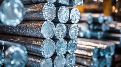 Stacked heavy aluminum bars ready for processing in a modern aluminum smelting facility showcasing industrial production efficiency