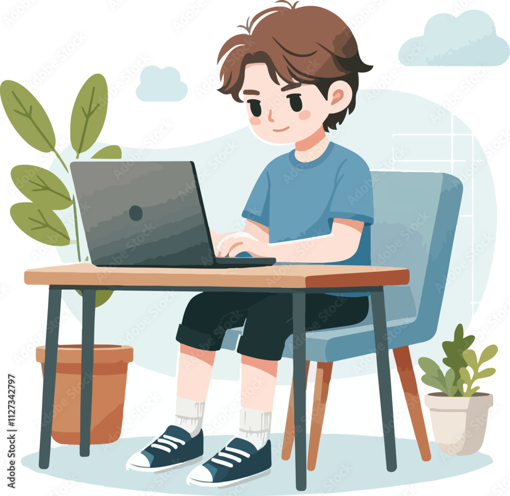 a boy is using his laptop vector