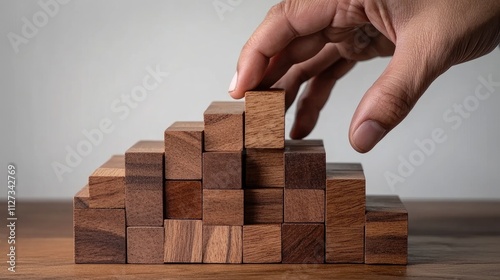 Human resources talent management concept hand stacking wooden blocks on a staircase for recruitment and team building success