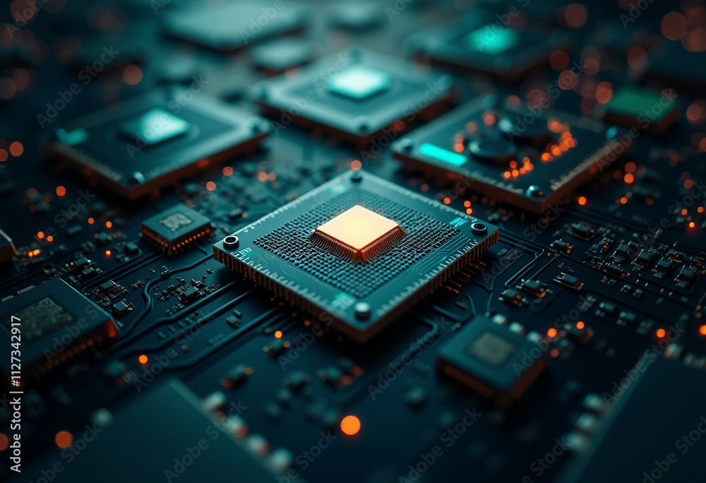 Close-up of a computer motherboard with multiple processors and integrated circuits. Close-up of a computer motherboard with multiple processors and integrated circuits.