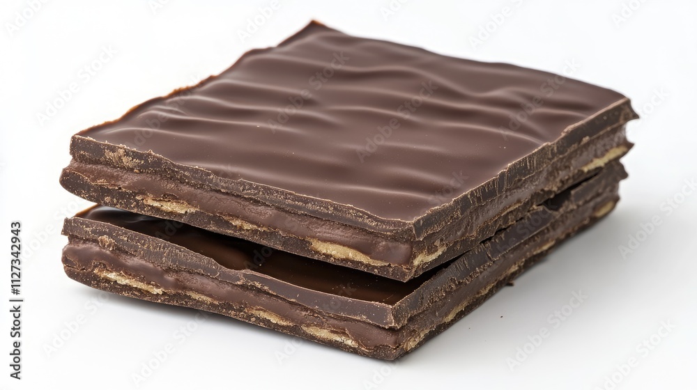 Chocolate wafer layers stacked on a white background showcasing texture and deliciousness for dessert or snack concepts. Chocolate wafer layers stacked on a white background showcasing texture and deliciousness for dessert or snack concepts.