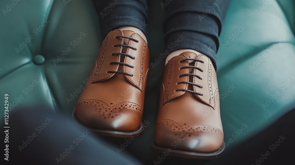 Elegant women's leather shoes captured from a low angle showcasing intricate detailing on a stylish leather seat. Elegant women's leather shoes captured from a low angle showcasing intricate detailing on a stylish leather seat.
