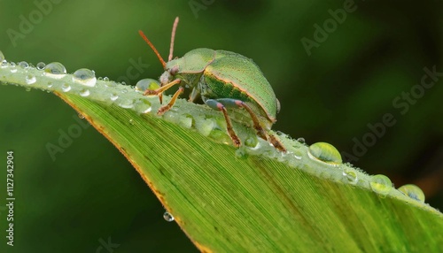 Green bug sitting on leaf with drops of water  photo