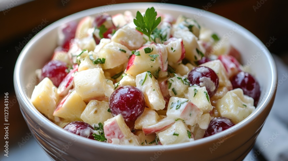 Homemade Waldorf Salad featuring fresh apples, grapes, and a creamy dressing in a bowl garnished with parsley. Homemade Waldorf Salad featuring fresh apples, grapes, and a creamy dressing in a bowl garnished with parsley.