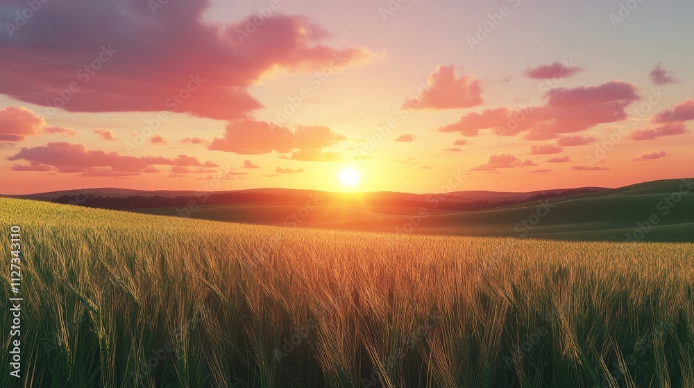 Vibrant sunset over expansive green wheat field with rolling hills showcasing winter crops in a serene landscape. Vibrant sunset over expansive green wheat field with rolling hills showcasing winter crops in a serene landscape.