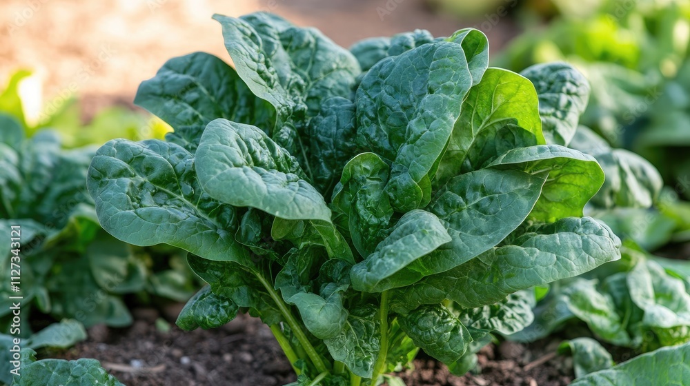 Fresh vibrant spinach leaves growing in a garden bed showcasing healthy green foliage and natural sunlight for organic food imagery. Fresh vibrant spinach leaves growing in a garden bed showcasing healthy green foliage and natural sunlight for organic food imagery.