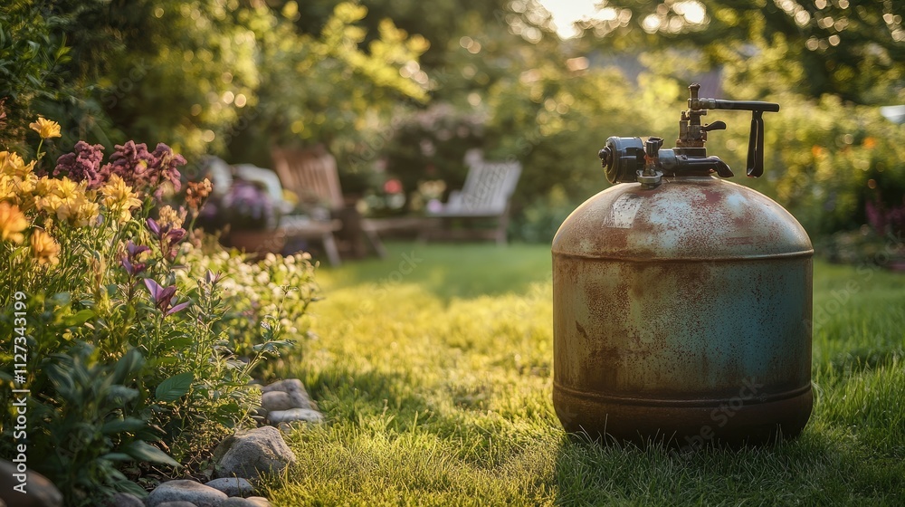 Rustic propane gas tank in a vibrant garden setting surrounded by blooming flowers and lush greenery under soft sunlight Rustic propane gas tank in a vibrant garden setting surrounded by blooming flowers and lush greenery under soft sunlight