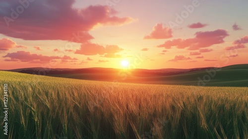 Vibrant sunset over expansive green wheat field with rolling hills showcasing winter crops in a serene landscape.