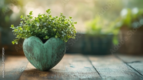 Heart-shaped green plant pot decoration on rustic wooden table with lush greenery in a beautifully lit background.