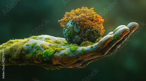 A hand holds a miniature landscape of a tree and earth, symbolizing environmental stewardship. A large, dark-green hand, detailed with moss and textured like weathered stone, holds a miniature ecosyst photo