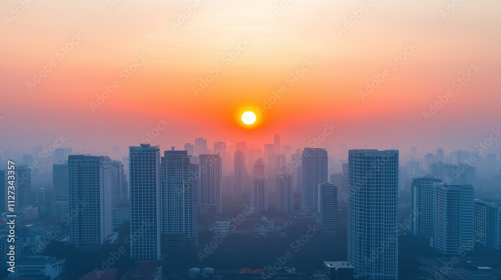 Smoggy cityscape hiding under a cloudy sky with faded sunlight Smoggy cityscape hiding under a cloudy sky with faded sunlight