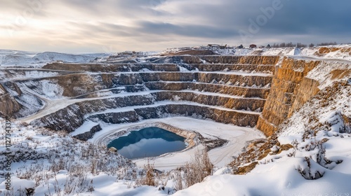 Winter landscape of an open pit mine with snow-covered edges and a frozen pond in the center under a cloudy sky.