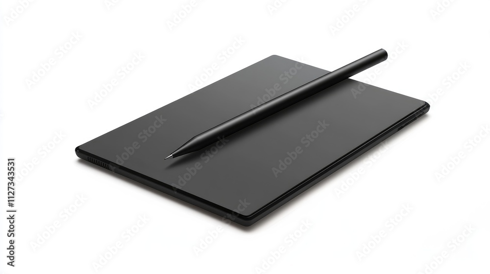 Black graphic tablet and stylus pen on a minimal white background for digital art and design purposes Black graphic tablet and stylus pen on a minimal white background for digital art and design purposes