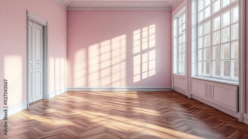 custom made wallpaper toronto digitalEmpty room with pink walls and parquet floor showcasing sunlight through large windows in a renovated apartment interior