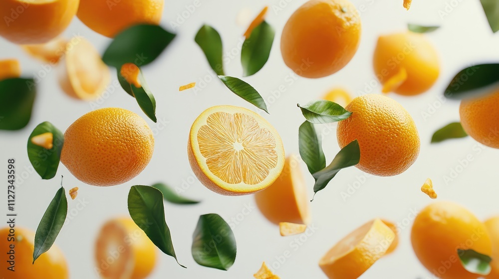 Fresh oranges and leaves floating in mid-air with a bright white background creating a vibrant and juicy fruit composition Fresh oranges and leaves floating in mid-air with a bright white background creating a vibrant and juicy fruit composition