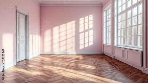 Wallpaper Mural Empty room with pink walls and parquet floor showcasing sunlight through large windows in a renovated apartment interior Torontodigital.ca