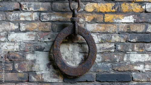 Heavy metal crane hook displayed against an aged brick wall highlighting industrial textures and vintage design elements. photo