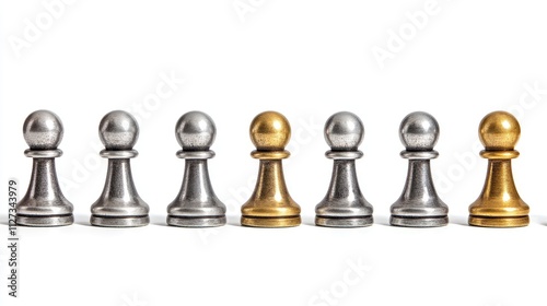 Row of silver and gold chess pawns aligned on a white background showcasing metallic elegance and strategic gameplay elements