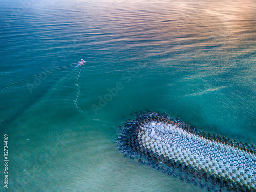 Karasu Aerial View of a Boat on Turquoise Ocean with Coastal Protection Structures. High-angle, full shot of a turquoise ocean with a small boat sailing across the water. Sakarya Adapazari Turkiye  photo