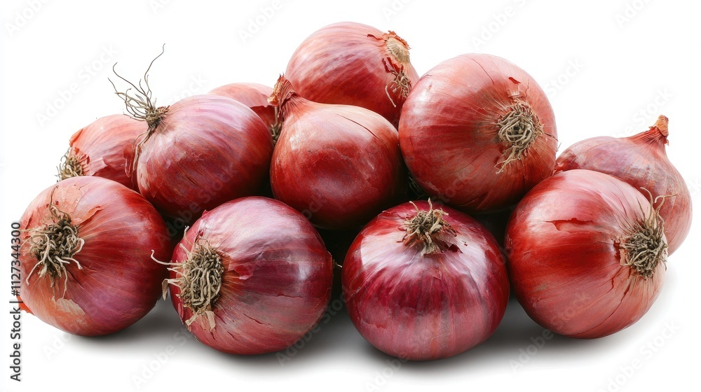 Fresh red onions arranged on a white background showcasing their vibrant color and texture ideal for culinary and health-related projects Fresh red onions arranged on a white background showcasing their vibrant color and texture ideal for culinary and health-related projects