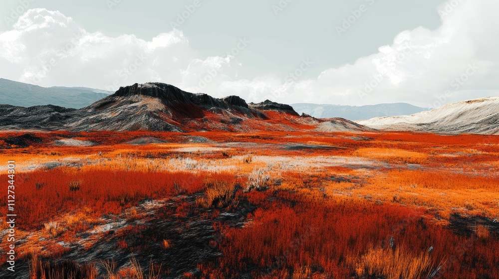 Fototapeta premium Vibrant rusty landscape of a former mining site showcasing red polluted sands and an arid atmosphere against a dramatic sky