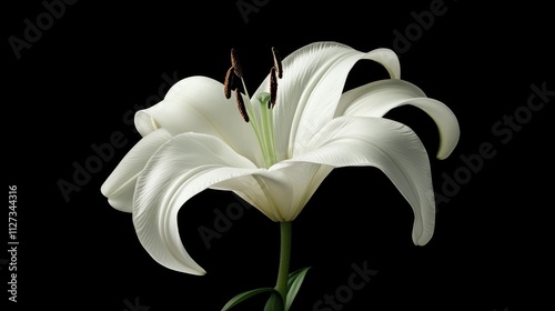 Elegant white Lily Lilium auratum in full bloom against a black background showcasing its delicate petals and graceful structure. photo