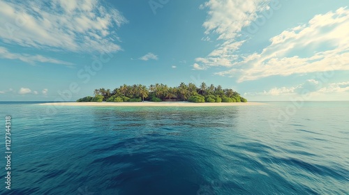 Tropical island paradise with clear blue waters white sand beach and palm trees under a bright sky ideal for vacation and holiday themes photo