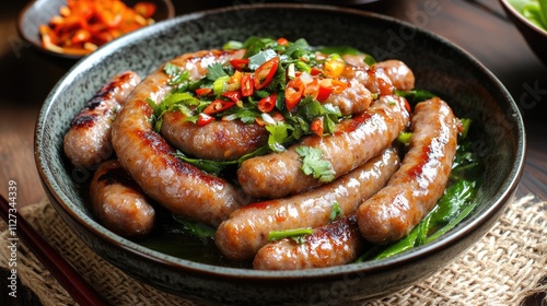 Sausage Tang Thom served with fresh herbs and spicy sauce in a rustic bowl garnished with chili and cilantro