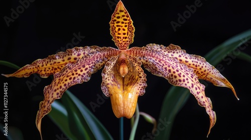 Exotic yellow and brown spotted orchid flower against a dark background showcasing its unique shape and intricate details. photo