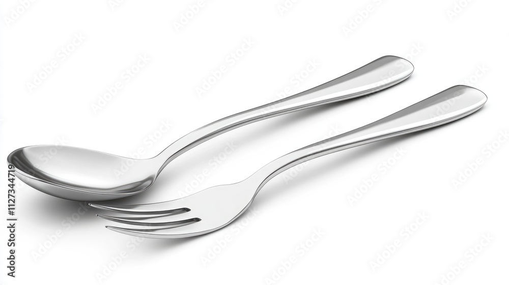 realistic silver spoon and fork isolated on white background showcasing elegant kitchenware design for culinary presentations realistic silver spoon and fork isolated on white background showcasing elegant kitchenware design for culinary presentations