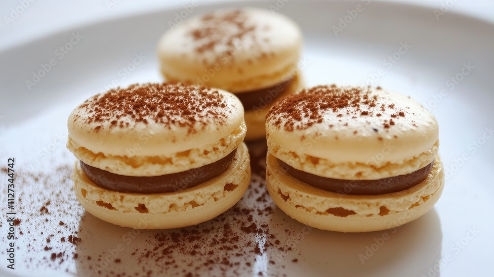 Delicious homemade macarons filled with chocolate on a white plate with cocoa powder garnish. Delicious homemade macarons filled with chocolate on a white plate with cocoa powder garnish.
