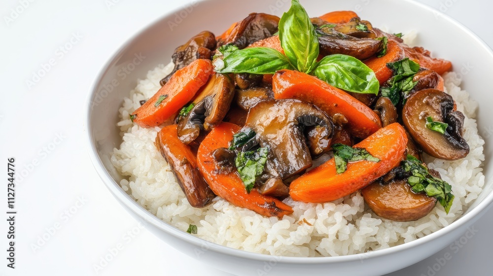 Vegan stir-fry with carrots and oyster mushrooms on rice garnished with fresh basil showcasing healthy vegetarian cuisine Vegan stir-fry with carrots and oyster mushrooms on rice garnished with fresh basil showcasing healthy vegetarian cuisine
