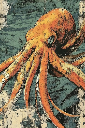 Detailed illustration of an orange octopus in dark teal water. photo