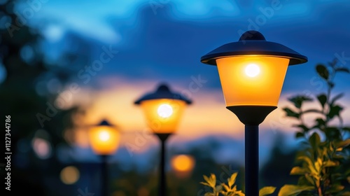 Elegant garden lamps illuminating a tranquil evening sky with a beautiful sunset backdrop creating a serene outdoor atmosphere. photo