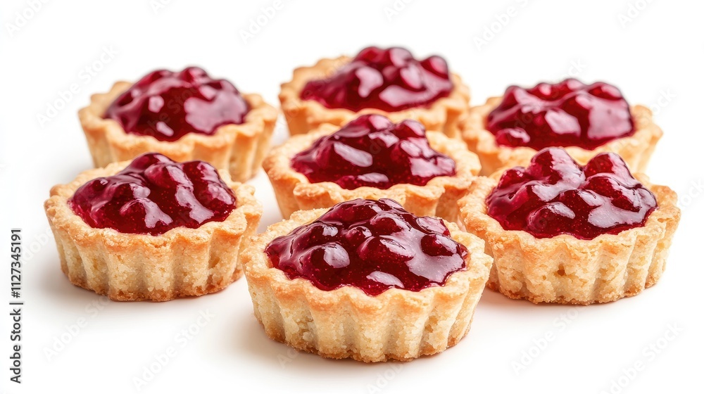 Jam tartlets with a glossy berry filling beautifully arranged on a clean white background showcasing a delicious dessert treat. Jam tartlets with a glossy berry filling beautifully arranged on a clean white background showcasing a delicious dessert treat.
