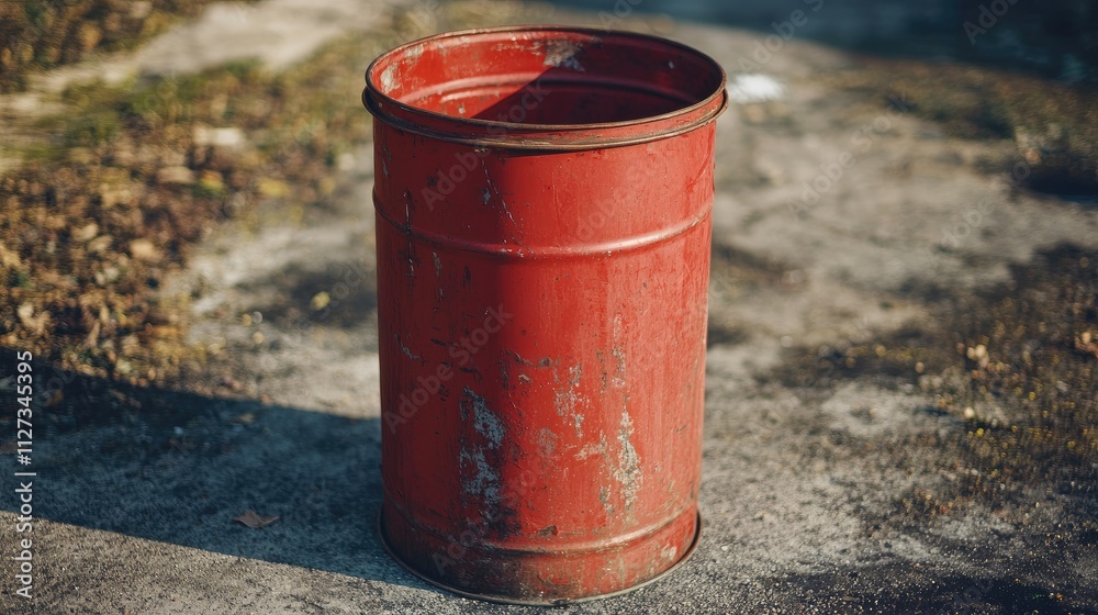 Rustic red metal garbage can on a weathered surface with natural lighting showcasing its vintage design and texture. Rustic red metal garbage can on a weathered surface with natural lighting showcasing its vintage design and texture.