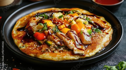 Delicious pancake topped with peeled fish colorful vegetables and savory sauce served in a black skillet on a dark background