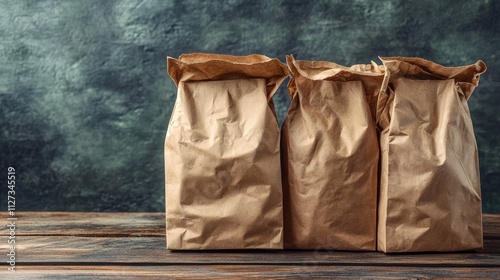Eco-friendly paper food bags on rustic wooden surface showcasing sustainable packaging for recyclables in a still life setting.