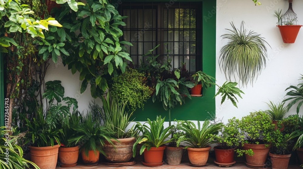 Andalusian patio filled with lush green plants in terracotta pots showcasing classic garden aesthetics and pergola backdrop Andalusian patio filled with lush green plants in terracotta pots showcasing classic garden aesthetics and pergola backdrop